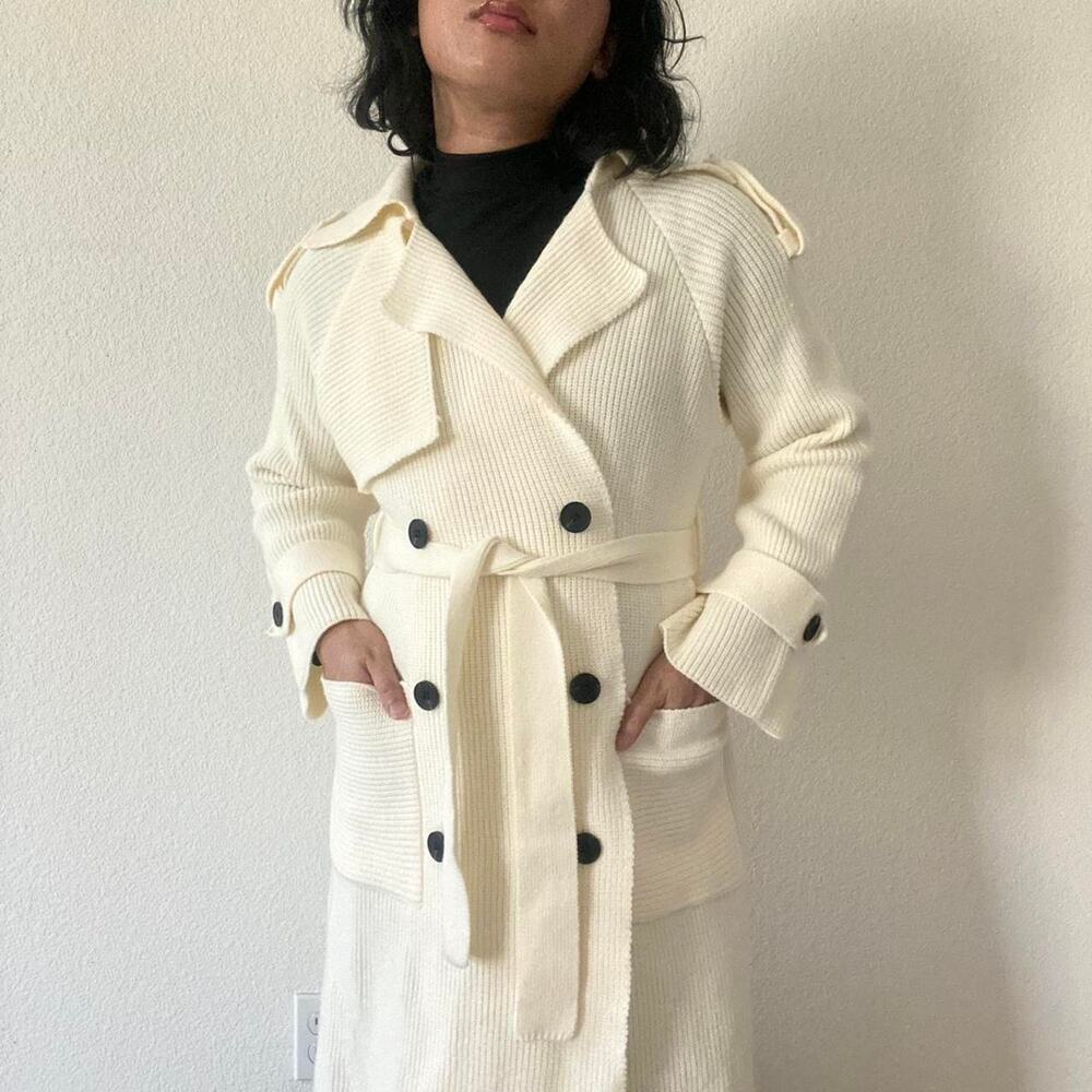 Cream Ribbed Knitted Trench Coat